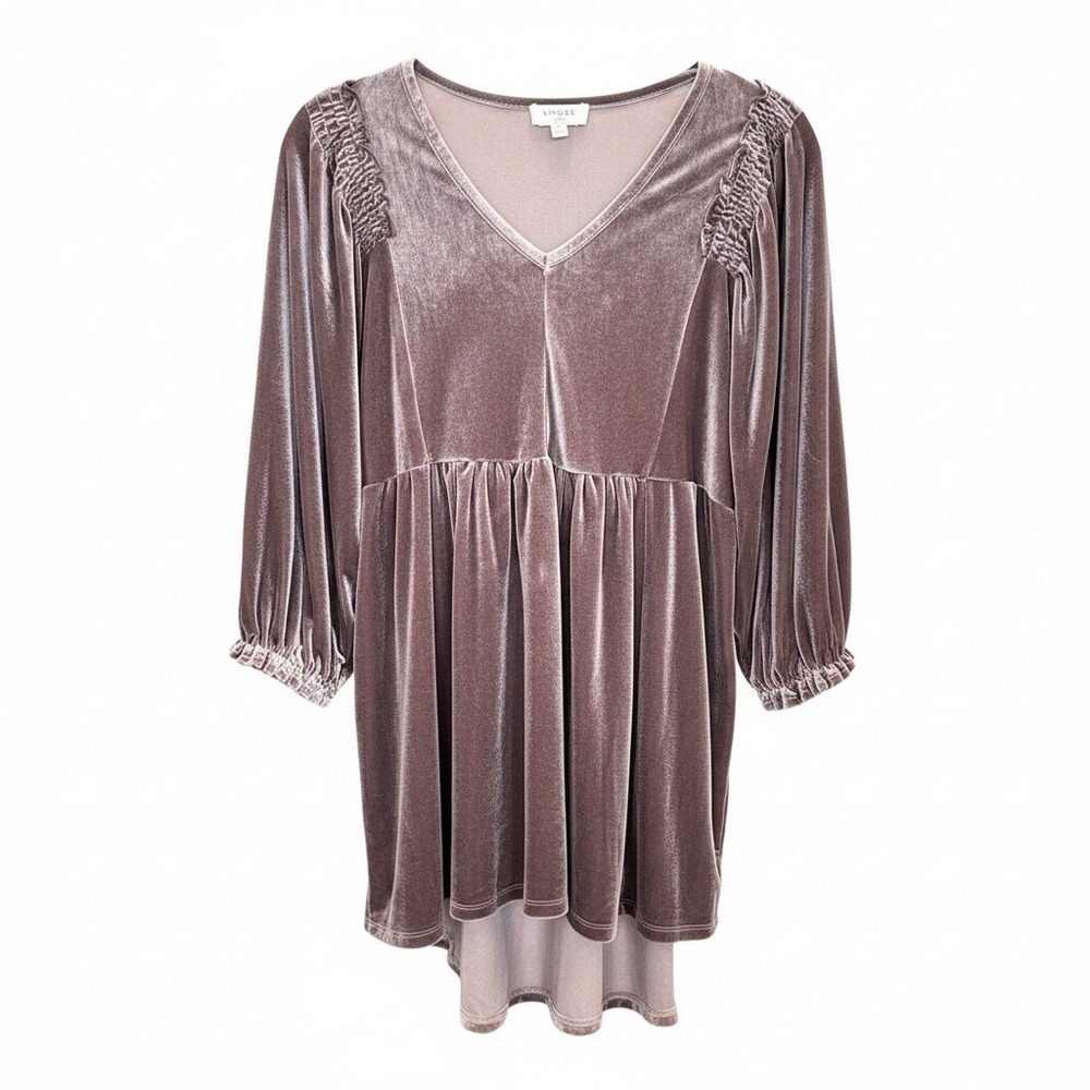 Umgee Velvet Tunic Small Brown/BalloonSleeves/Smocked Cuffs/Peasant/Asymmetrical